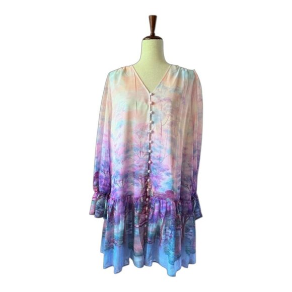 DALIA MACPHEE Purple Multi Floral Button Down Dress Long Sleeve Ruffled Lrge NWT - Picture 1 of 16